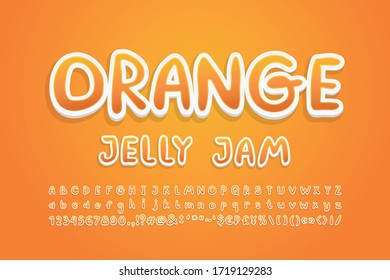 Cartoon Alphabet sweet orange fruit colors. Bright handwritten font, 3d sticker style, uppercase and lowercase letters, numbers. Vector illustration