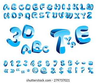 Cartoon alphabet of three-dimensional letters of different orientation in space.