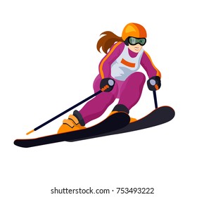 cartoon alpine skiing  girl  isolated on white, vector skiing sportsman vector alpine skiing woman with ski in sportive flat cartoon skiing woman winter sport competition winter games