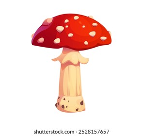 Seta de otoño de amanita muscaria de dibujos animados con una gorra manchada de color rojo vibrante y un tallo blanco. Taburete de sapo de bosque de Vector aislado, planta de ecosistema forestal. Hongos agáricos voladores, especies de biodiversidad