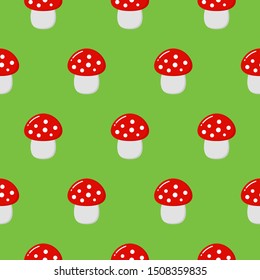 Cartoon Amanita muscaria fly agaric mushroom seamless pattern. Wild forest cute mushrooms vector illustration.