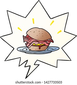 cartoon amazingly tasty bacon breakfast sandwich with cheese with speech bubble in smooth gradient style