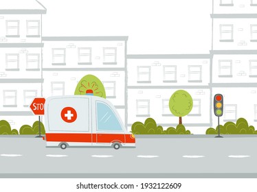 Cartoon ambulance on road. Street in the city. Cute texture hand draw illustration. Vector 