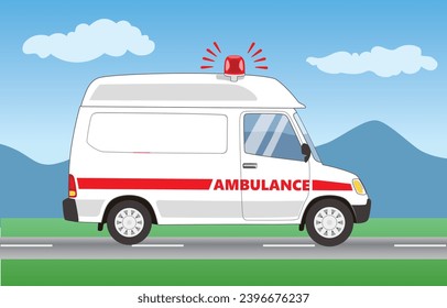 Cartoon Ambulance Vehicle on the highway, vector illustration isolated, eps