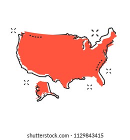 Cartoon America map icon in comic style. USA illustration pictogram. Country geography sign splash business concept.