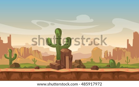 Cartoon america prairie desert landscape with cactus, hills and mountains. game seamless vector background. Interface for computer game illustration