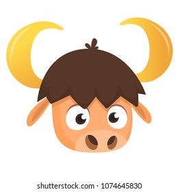 Cartoon american bull (buffalo, ox, bison) head icon, isolated on white background. Colorful book page for kids and children
