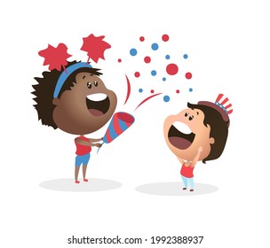 Cartoon American children plays with a cracker. Vector illustration on white