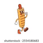 Cartoon American corndog groovy fast food character. isolated vector funny hotdog or corn dog, street junk food personage. Retro meal with sausage and funky vibe for bistro, takeaway restaurant, cafe