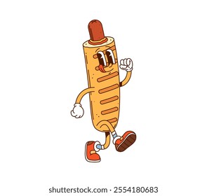 Cartoon American corndog groovy fast food character. isolated vector funny hotdog or corn dog, street junk food personage. Retro meal with sausage and funky vibe for bistro, takeaway restaurant, cafe