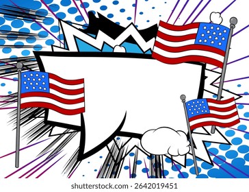 Cartoon American Flag with blank speech bubble, comic book Independence Day background. Retro vector comics pop art design.