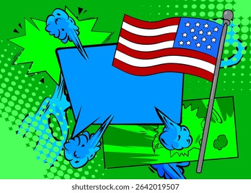 Cartoon American Flag with blank speech bubble, comic book Independence Day background. Retro vector comics pop art design.