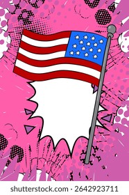 Cartoon American Flag, comic book Independence Day. Retro vector comics pop art design.