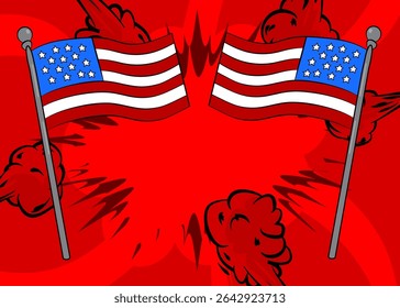 Cartoon American Flag, comic book Independence Day. Retro vector comics pop art design.