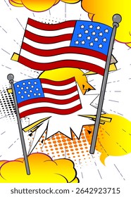Cartoon American Flag, comic book Independence Day. Retro vector comics pop art design.