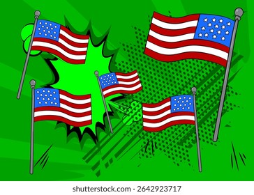 Cartoon American Flag, comic book Independence Day. Retro vector comics pop art design.