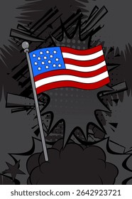 Cartoon American Flag, comic book Independence Day. Retro vector comics pop art design.