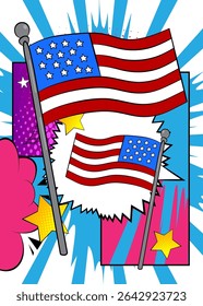 Cartoon American Flag, comic book Independence Day. Retro vector comics pop art design.