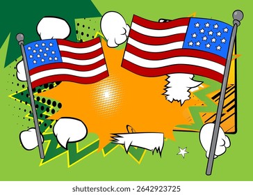Cartoon American Flag, comic book Independence Day. Retro vector comics pop art design.