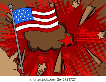 Cartoon American Flag, comic book Independence Day. Retro vector comics pop art design.