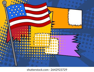 Cartoon American Flag, comic book Independence Day. Retro vector comics pop art design.
