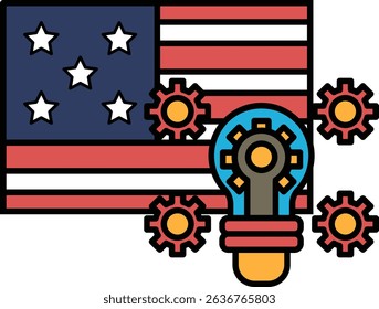 A cartoon of the American flag with a light bulb on it. The light bulb is surrounded by gears