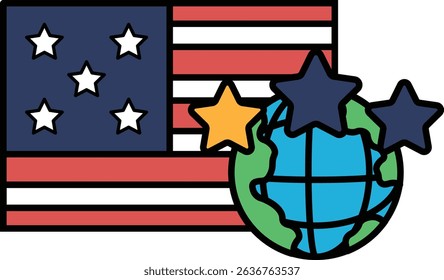 A cartoon of the American flag with stars and a globe. The globe is blue and green and is surrounded by stars