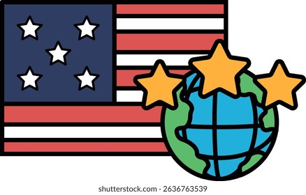 A cartoon of the American flag with stars and a globe. The globe is surrounded by stars, and the stars are scattered throughout the globe. The flag is positioned in the center of the image