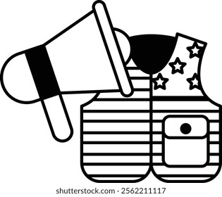 A cartoon of an American flag with a striped vest and an American megaphone