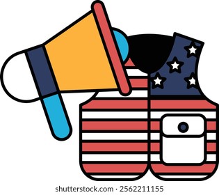 A cartoon of an American flag with a striped vest and an American megaphone