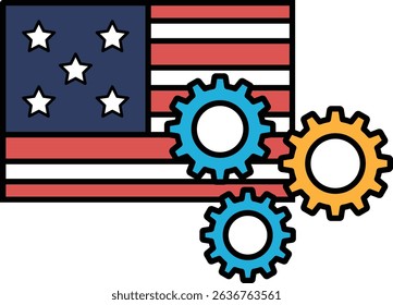 A cartoon of the American flag with three gears on it. The flag is red, white, and blue