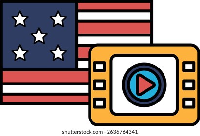 A cartoon of an American flag with a video player on the right. The flag is red, white, and blue with stars. The video player is orange and has a blue arrow. Concept of entertainment and patriotism