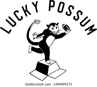 Cartoon American football lucky opossum in black color. Slogan - lucky possum. Cute doodle vector illustration. Print for trendy t shirt and apparel design, cards, stickers.