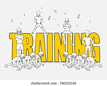 Cartoon american football player with big word Training. Hand drawn cartoon vector illustration for sport. Doodle cute scene of sport man about Success.