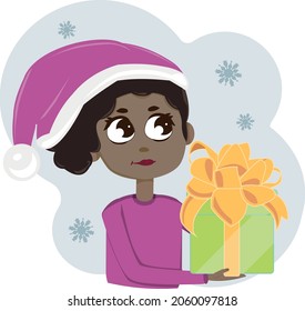 Cartoon american girl holding a gift in her hands