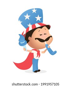 Cartoon American man, celebrating Independence day on the parade. Character with patriotic symbols and stuffs - a red cloak, a hat in colors of the national flag, torch and party horn. Vector cartoon 