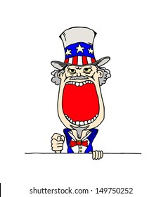 Cartoon of an American man wearing a United State of America hat with a wide open mouth with blank space for text.