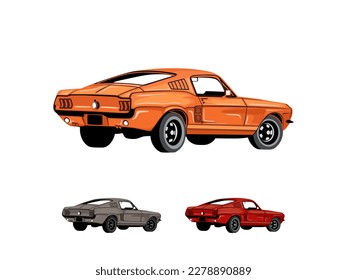 Cartoon of American muscle car vector logo isolated on white background. 60s classic car illustration