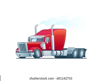 Cartoon American red truck without a trailer With smoke from pipes on a white background. vector illustration