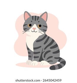 Cartoon american shorthair cat sits quietly with calm pose and striped fur. American shorthair cat personality is friendly, making this perfect for pet branding.