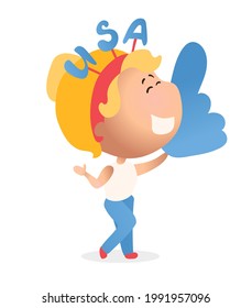 Cartoon American woman, celebrating Independence day. Character with patriotic symbols and stuffs - a blue cheerleader glove, a hair hoop with USA letters. Vector cartoon illustration