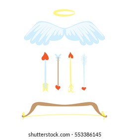 Cartoon Amour weapons set . Bow, wings, nimbus and arrows with heart. Cupids stuff.   Valentines Day romantic set. Holiday flat vector design on white background