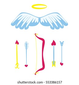 Cartoon Amour weapons set . Bow, wings, nimbus and arrows with heart. Cupids stuff.   Valentines Day romantic set. Holiday flat vector design on white background