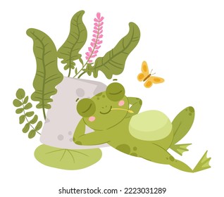 Cartoon amphibia, cute resting frog character. Sleeping green toad in natural habitat, froggy water animal with water lilies and reed flat vector illustration. Tranquil green frog svg