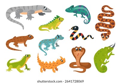 Cartoon amphibians reptiles. Exotic jungle animals, iguana snake lizards. Salamander and cobra, isolated venomous reptile, classy vector set