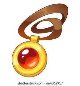 Cartoon amulet with red ruby stone isolated on white
