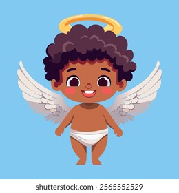 Cartoon Amur African american angel. Flat vector illustration. Cute little angel. Children's illustration. Saint valentine	