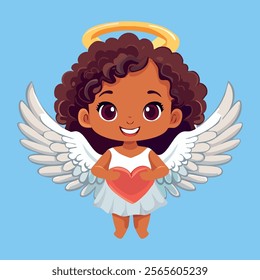 Cartoon Amur African american angel. Flat vector illustration. Cute little angel. Children's illustration. Saint valentin