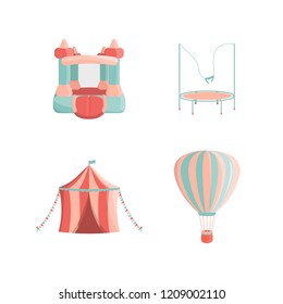 Cartoon Amusement Park Rides Icon Set. Bouncy Castle, Trampoline, Circus, Hot Air Balloon. Isolated Vector Illustration.