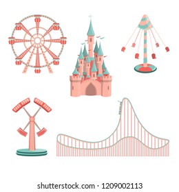 Cartoon Amusement Park Rides Icon Set. Ferris Wheel, Castle, Carousel, Double Hammer, Roller Coaster. Isolated Vector Illustration.